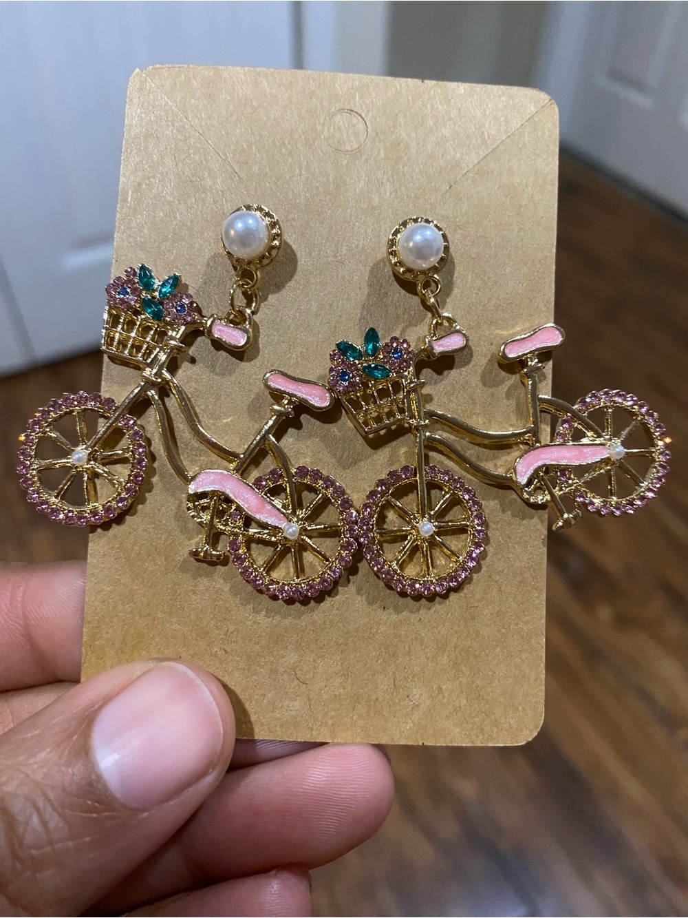 Gold Tone Pink Bicycle Drop Earrings with Pearl Stud